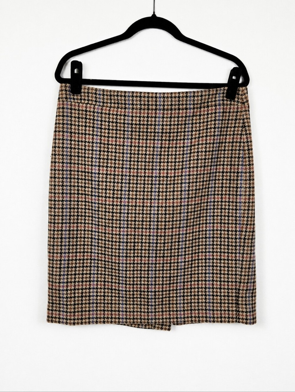 J.Crew Mercantile Wool Houndstooth Plaid Pencil Skirt Brown Blue Size 10 Preppy